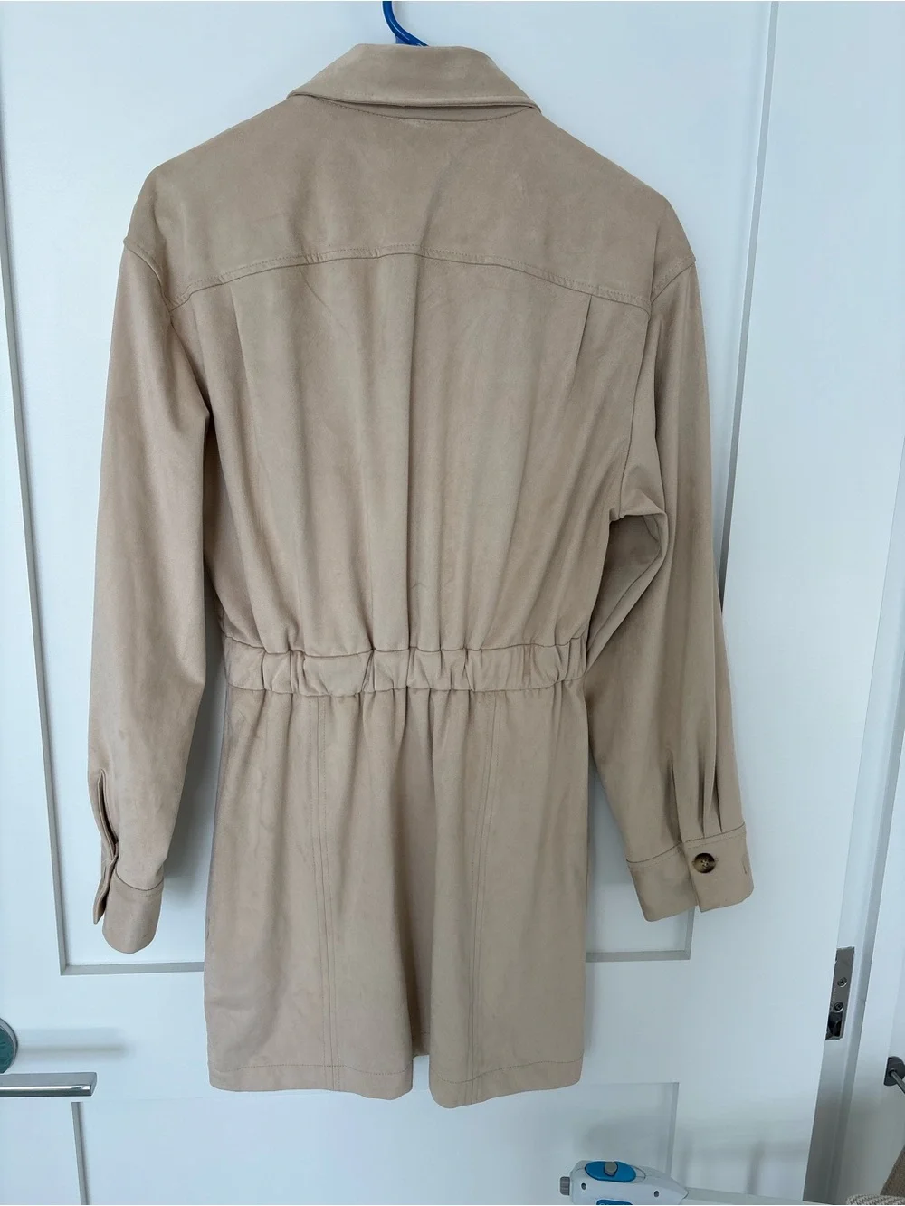 NWT Zara Faux Suede Shirt Dress Shacket Beige Button Front Long Sleeve Pockets-M